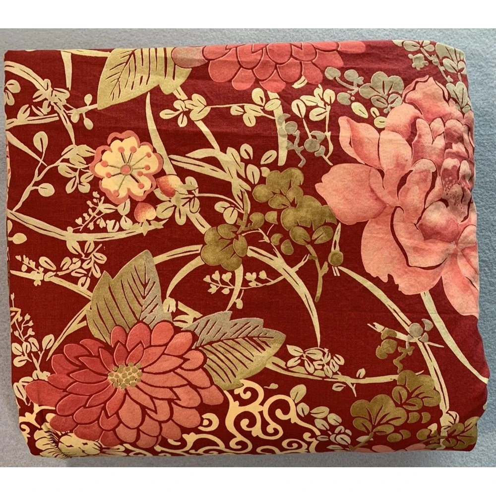 Pottery Barn Dahlia Floral King Duvet Cover Red Cotton Bedding Green Brown